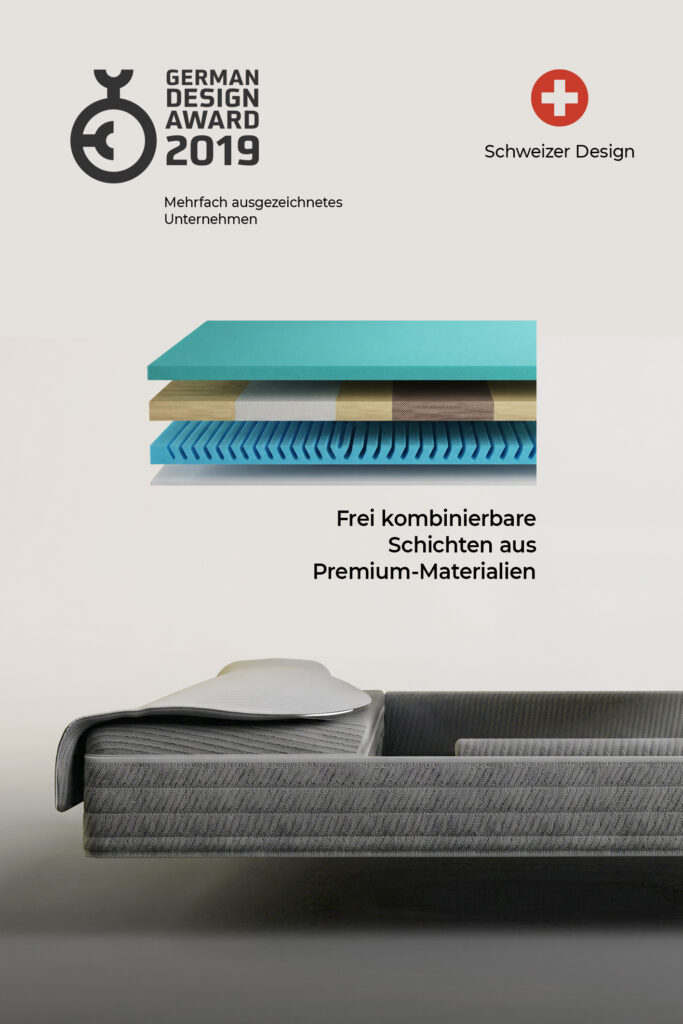 Aufgeschnittenes Seven-Sundays-Schlafsystem mit sichtbaren Materialschichten, Auszeichnung German Design Award 2019, Swiss-Design-Siegel